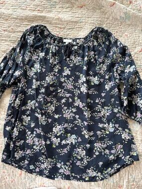 J. Jill Navy Floral Peasant Blouse